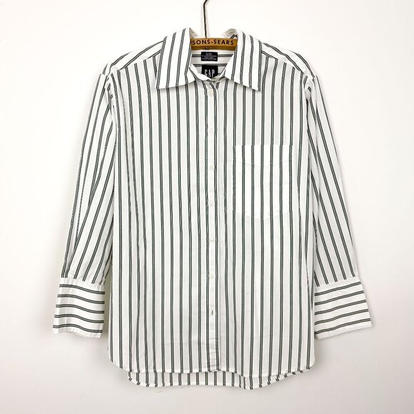 GAP Organic Cotton Big Shirt Green Stripe Oversized Sz Small Petite - Picture 2 of 6